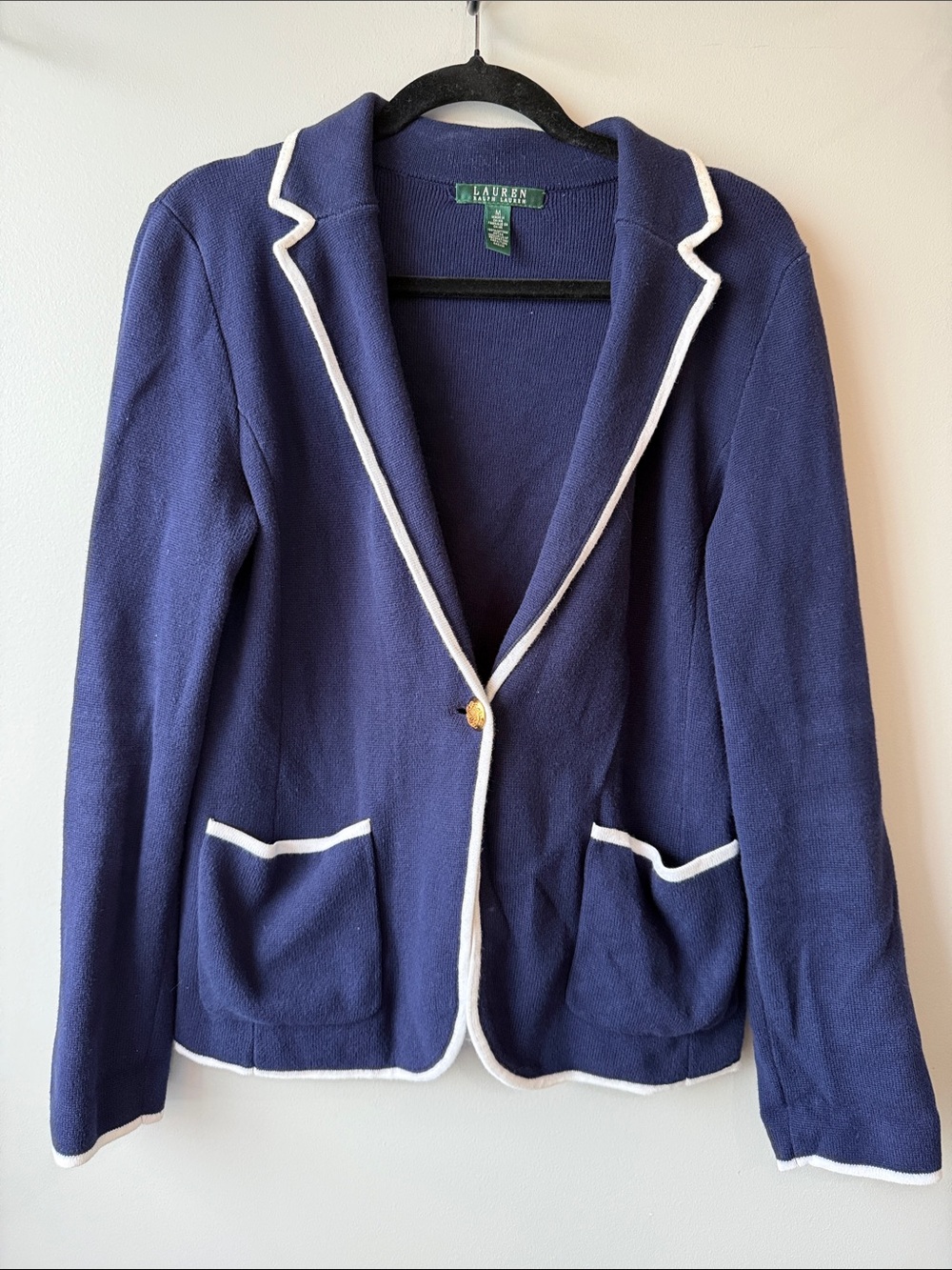 Lauren Ralph Lauren Navy Knit Blazer with White Piping 100% cotton Medium